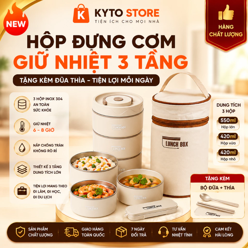 [TẶNG TÚI + ĐŨA THÌA] Hộp Đựng Cơm Giữ Nhiệt 3 Tầng Tặng Kèm Đũa Thìa, Hộp Cơm Văn Phòng Tiện Lợi
