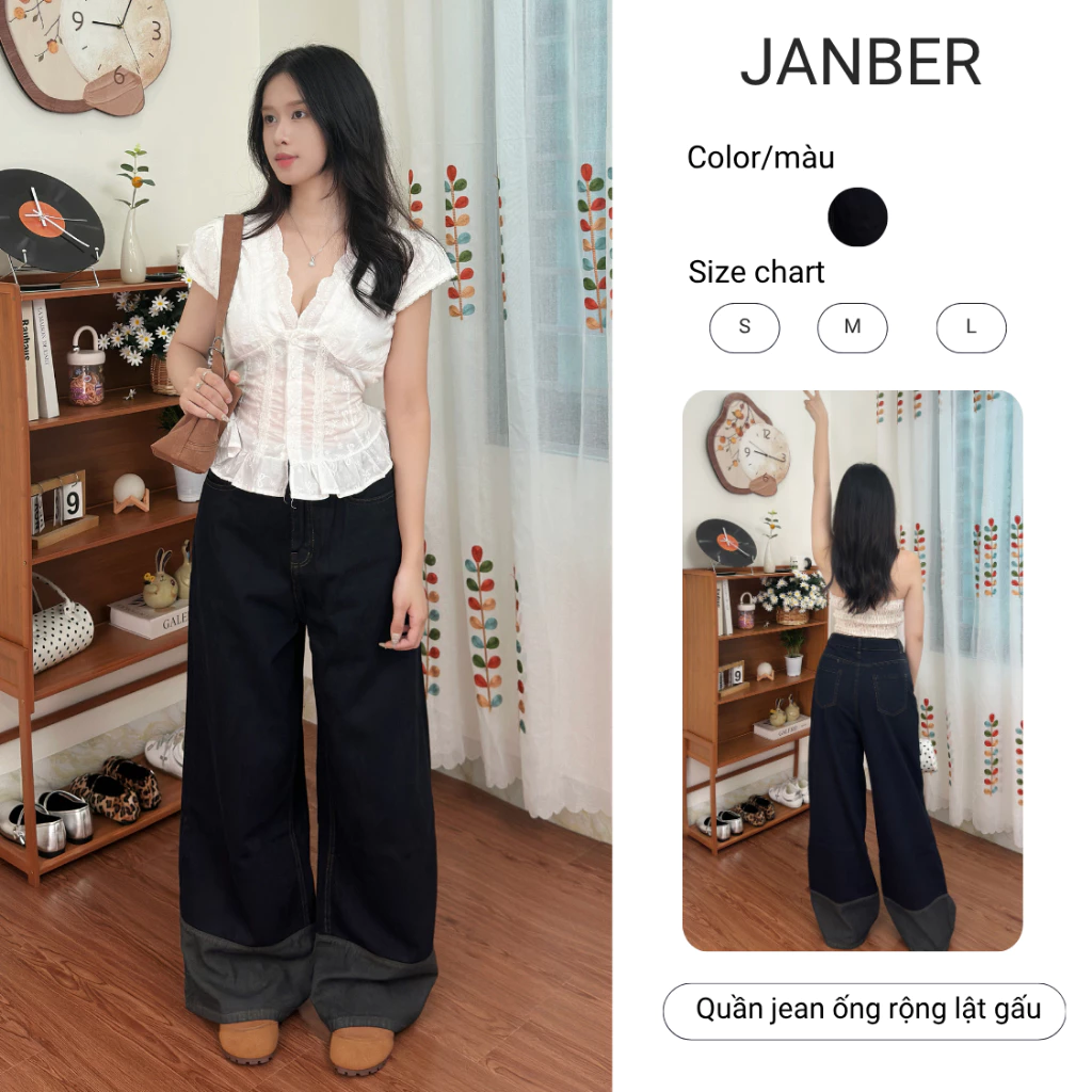 (JANBER - DEAL MỞ BÁN) Quần Jean Nữ Ống Suông Rộng Lật Gấu, Lưng Cao Màu Xanh Than Lên Dáng Đẹp 7786