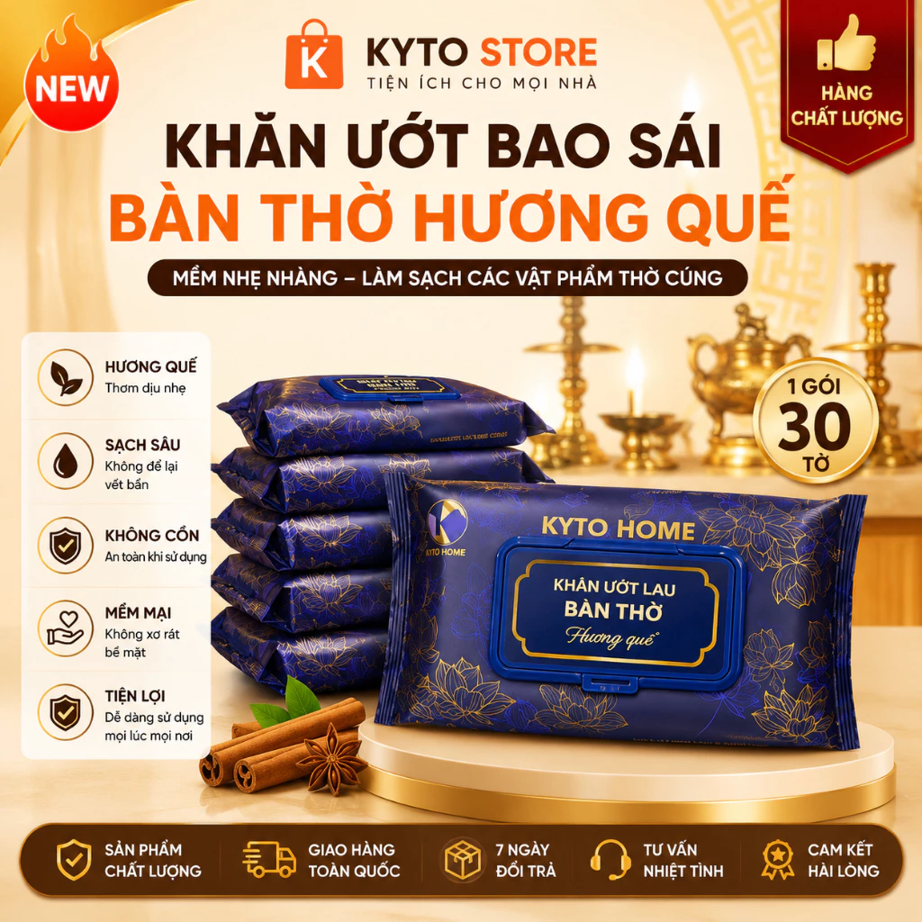 Khăn ướt bao sái bàn thờ hương quế KYTO mềm nhẹ nhàng làm sạch các vật phẩm thờ cúng 1 Gói 30 tờ