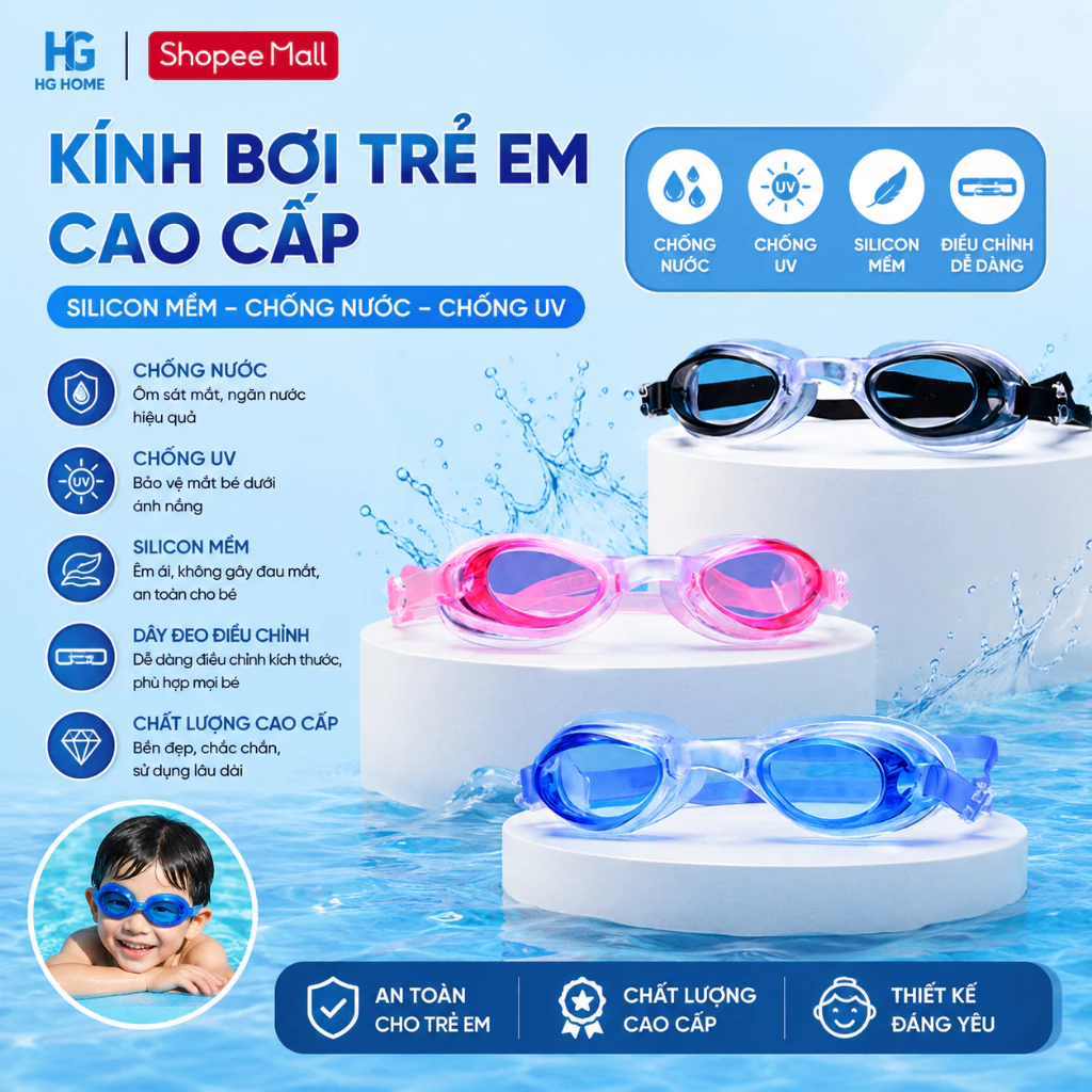 Kính Bơi Trẻ Em Cao Cấp Silicon Mềm, Chống Nước, Chống UV, Có Dây Đeo Điều Chỉnh HGHOME