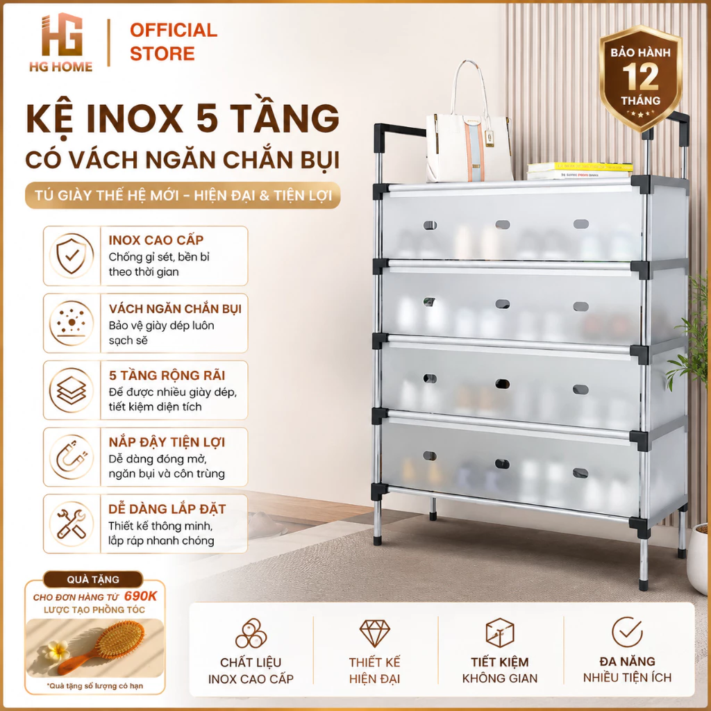 Kệ Inox 5 Tầng Có Vách Ngăn Chắn Bụi, Giá Inox Để Giày Dép 5 Tầng Có Nắp Đậy, Tủ Giày Thế Hệ Mới HGHOME