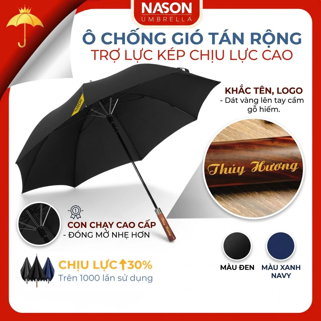 Ô dù tán rộng che nắng mưa G27 NASON, khắc tên lên tay cầm gỗ, chống gió lật cấp 7, che 2 3 người
