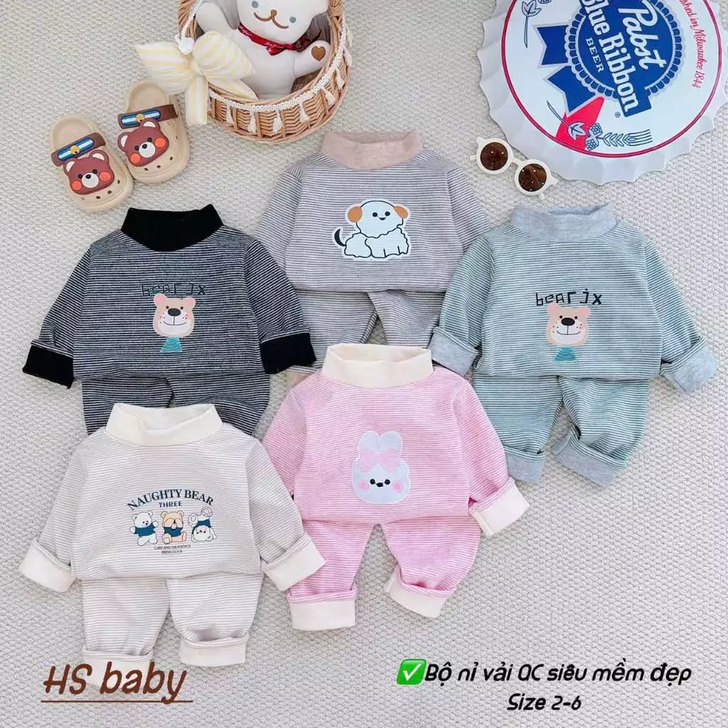 Bộ nỉ HSBABY kẻ hàn cổ 3 phân cho bé ấm áp mặc mùa thu đông