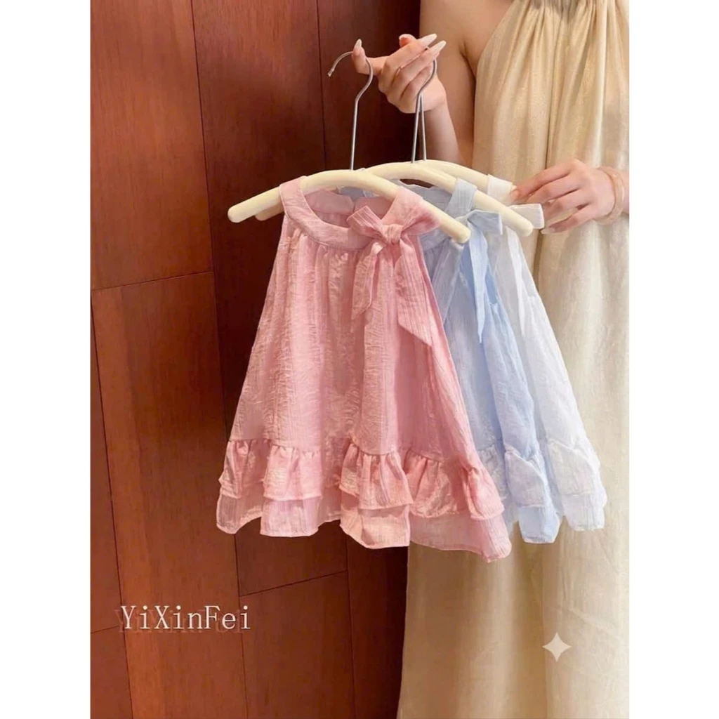 Váy Babydoll cổ yếm nơ, phối bèo tầng, vải đũi lụa, dáng xinh bé gái, 3 màu, sz 10-30 kg
