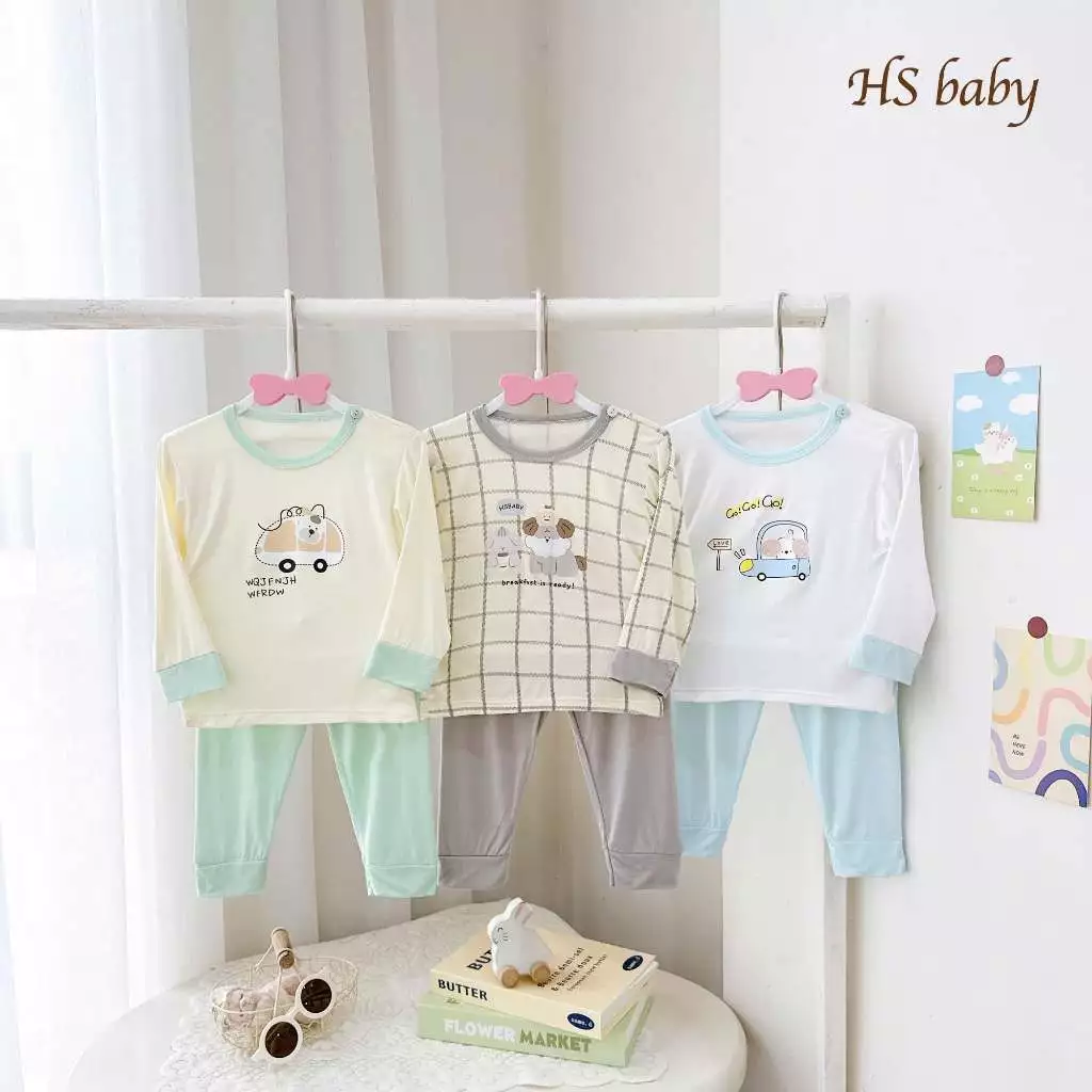 Bộ dài HSBABY thun lạnh cài vai bo gấu in hình mềm mát mặc nằm điều hòa hoặc giao mùa cho bé
