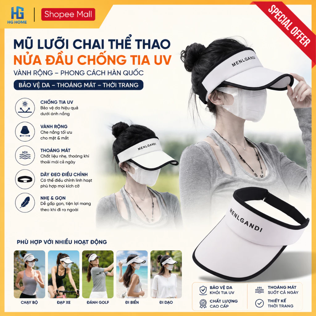 Mũ Lưỡi Chai Thể Thao Nửa Đầu Chống Tia UV Cực Tốt, Vành Rộng Phong Cách Hàn Quốc HGMART