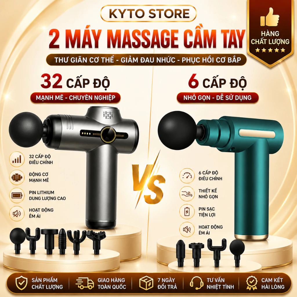 Máy Massage Cầm Tay 32 Chế Độ Lực Đấm Siêu Mạnh - 29800 Vòng/Phút, Pin 2500mAh, Không Chổi Than