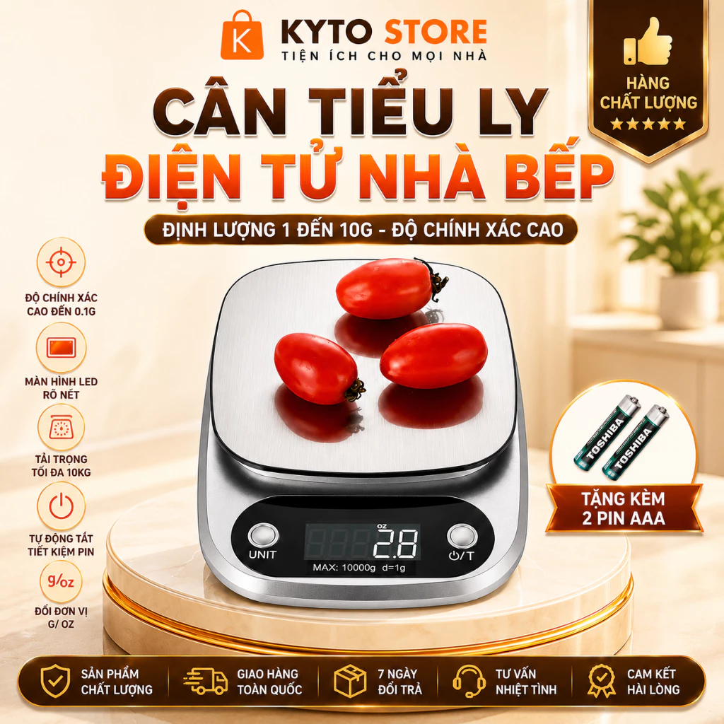 Cân Tiểu Ly Điện Tử Nhà Bếp Định Lượng 1 Đến 10g - Làm Bánh Độ Chính Xác Cao, Kèm 2 Viên Pin AAA