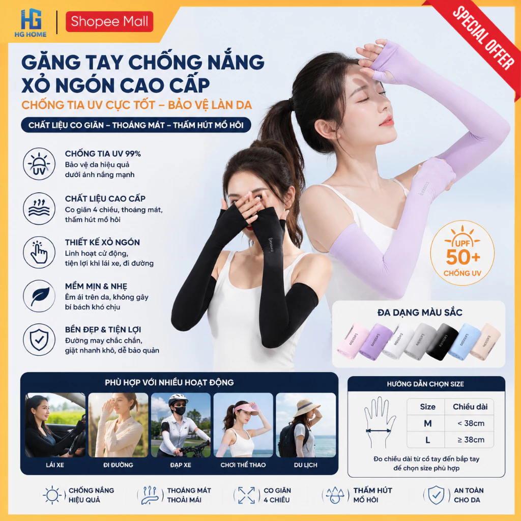 Găng Tay Chống Nắng Xỏ Ngón HGHOME Chất Liệu Co Giãn Thoáng Mát Chống Tia UV Cực Tốt [HÀNG ĐẸP]