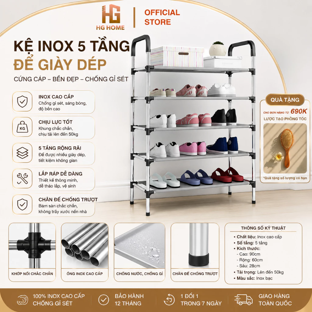 Kệ Inox 5 Tầng Để Giày Dép, Giá Inox Để Giày Dép Cứng Cáp, Độ Bền Cao, Chống Gỉ Sét HGHOME