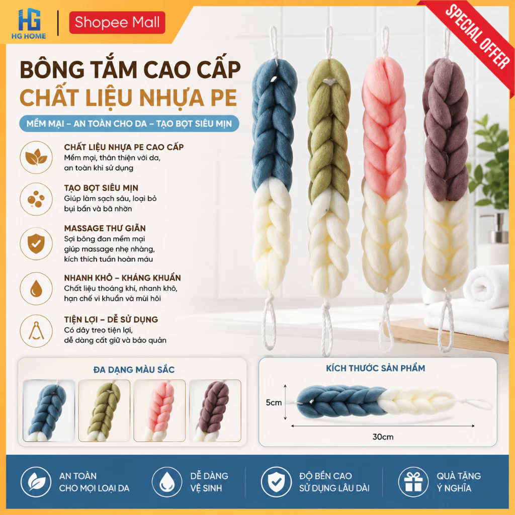 Bông Tắm HGHOME Cao Cấp Chất Liệu Nhựa PE Mềm Mại An Toàn Cho Da [ HÀNG CAO CẤP ]