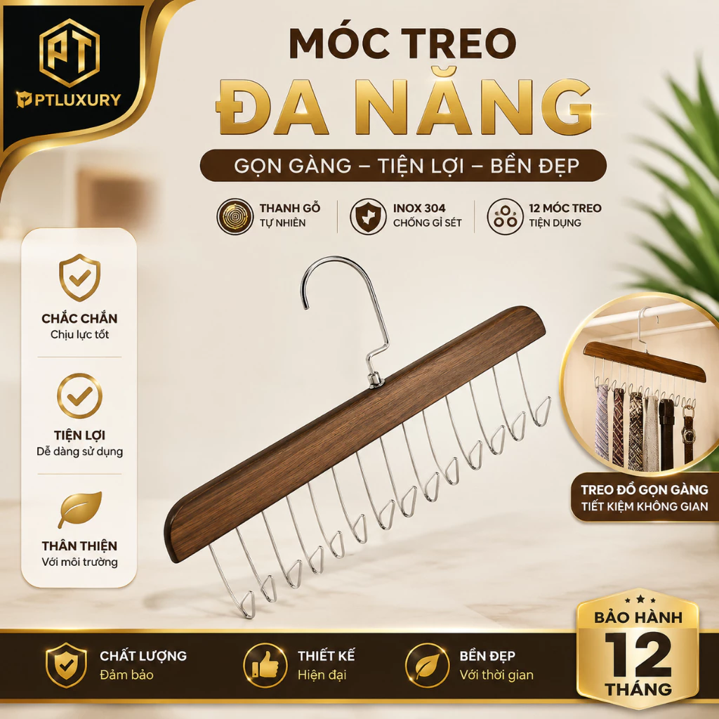 [ HỎA TỐC ] Móc Treo Đồ Đa Năng PTLUXURY Chất Liệu Gỗ Tự Nhiên Gồm 8 Móc Xoay 360 Độ