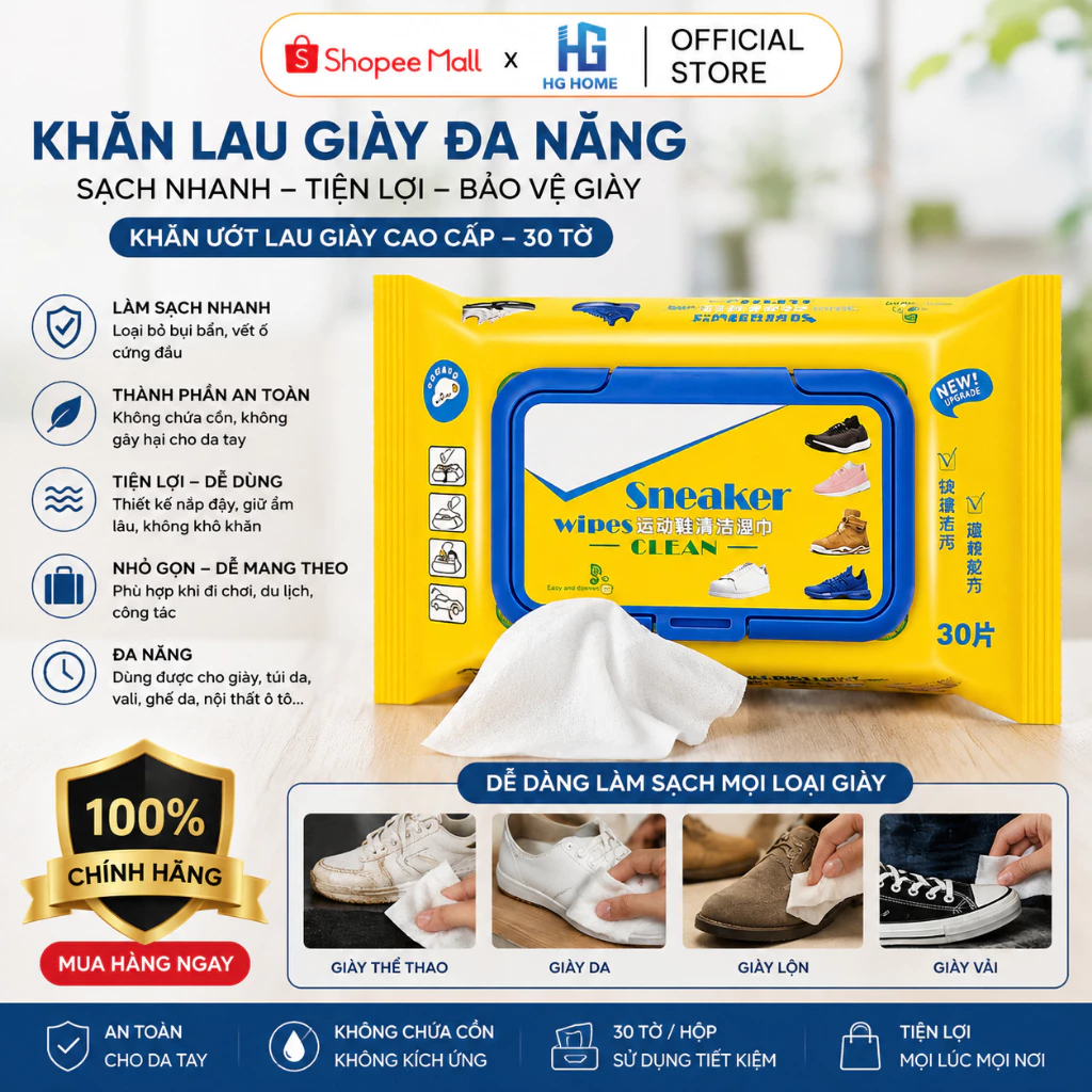 Khăn Lau Sạch Giày, Hộp Khăn Ướt Lau Giày 30 Tờ Siêu Hot HGHOME