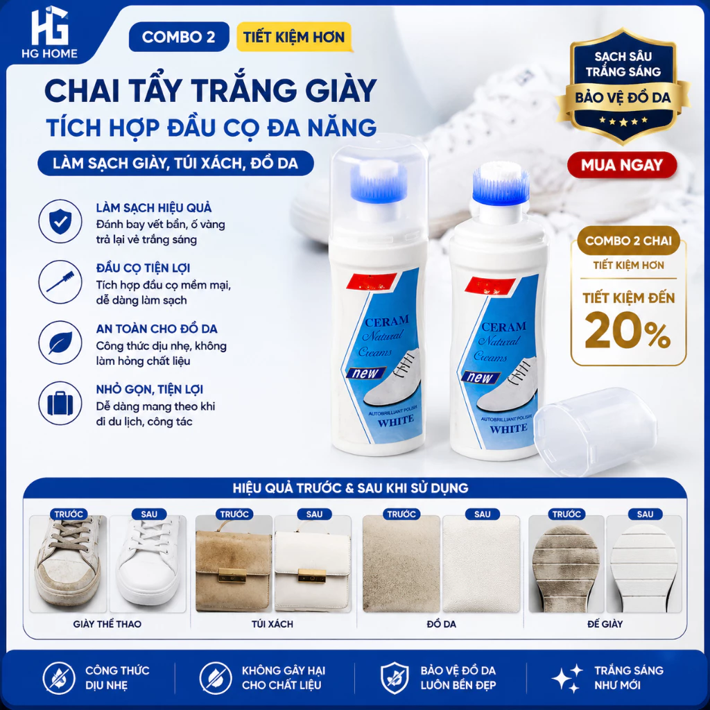 [Combo 2] Chai Tẩy Trắng Giày HGHOME Tích Hợp Đầu Cọ Đa Năng Làm Sạch Giày Túi Xách Đồ Da