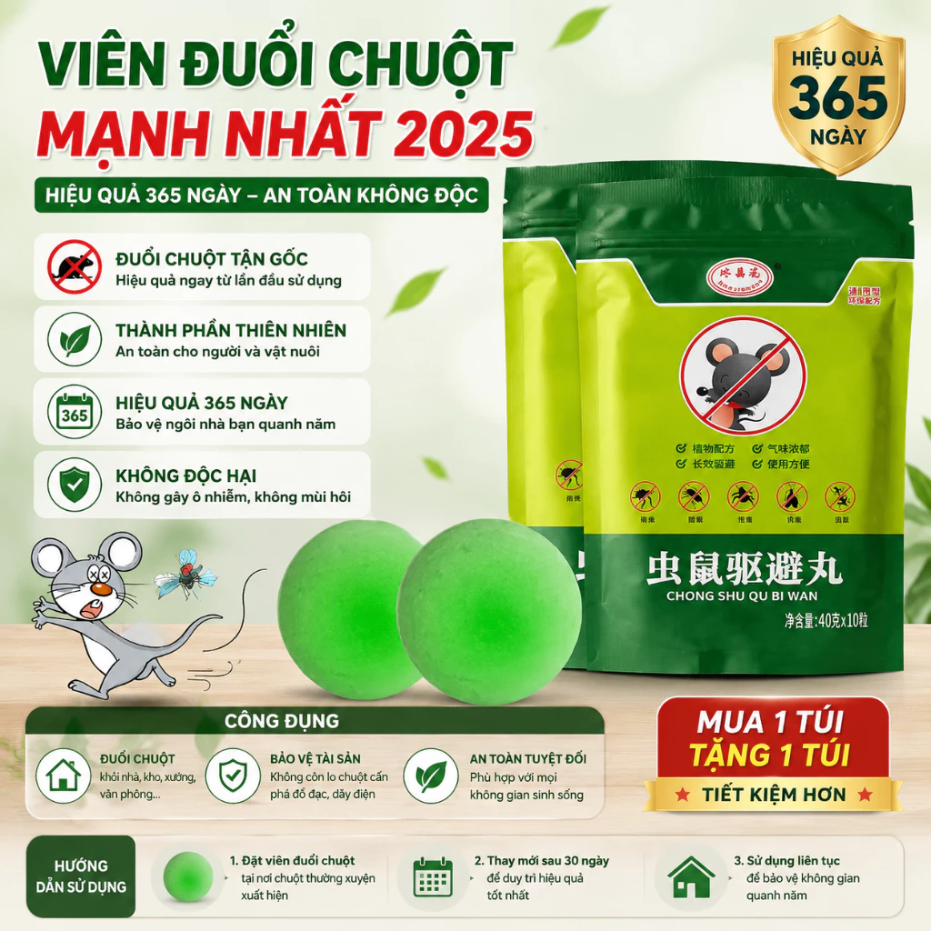Viên Đuổi Chuột MẠNH NHẤT 2025 Hiệu Quả 365 Ngày, An Toàn Không Độc HGHOME