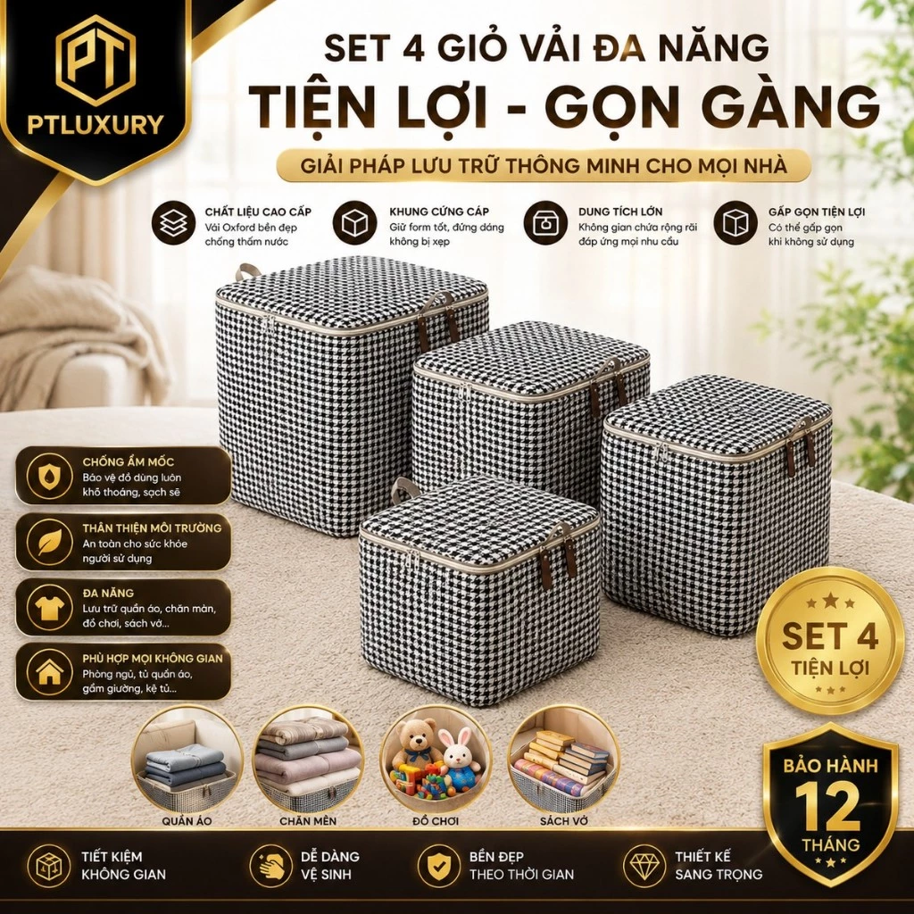 Túi vải đựng đồ đa năng 105L kẻ caro PTLUXURY , Túi đựng chăn màn cỡ lớn có khóa tay xách đa năng