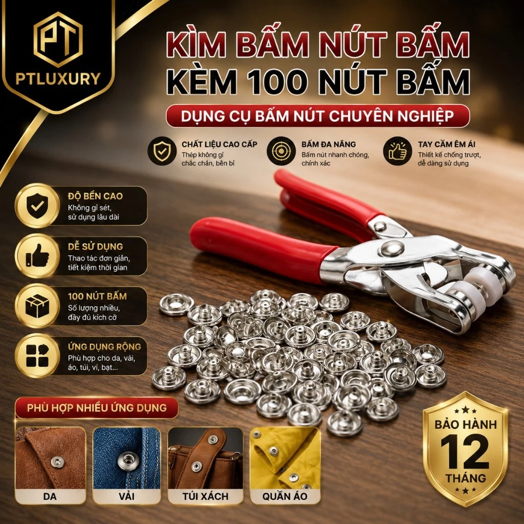 Dụng cụ bấm khuy đa năng PTLUXURY Bộ kìm bấm khuy cúc áo kèm hộp 100 chi tiết cúc áo [ HÀNG TỐT ]