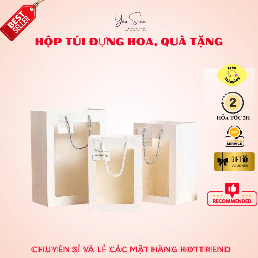 Hộp Túi Đựng Hoa Màu Trắng Sang Trọng, Đựng Quà Tặng, Hoa Kẽm Nhung, Hoa Sáp (Không Kèm Thiệp)