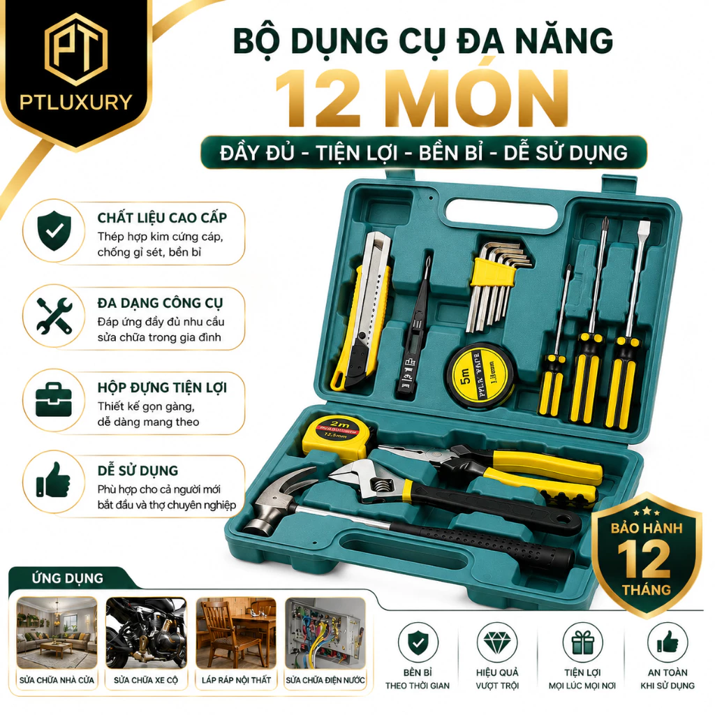 Bộ Dụng Cụ Sửa Chữa Đa Năng 16 Món Búa, Mỏ Lết, Kìm, Thước, Tô Vít, Lục Giác
