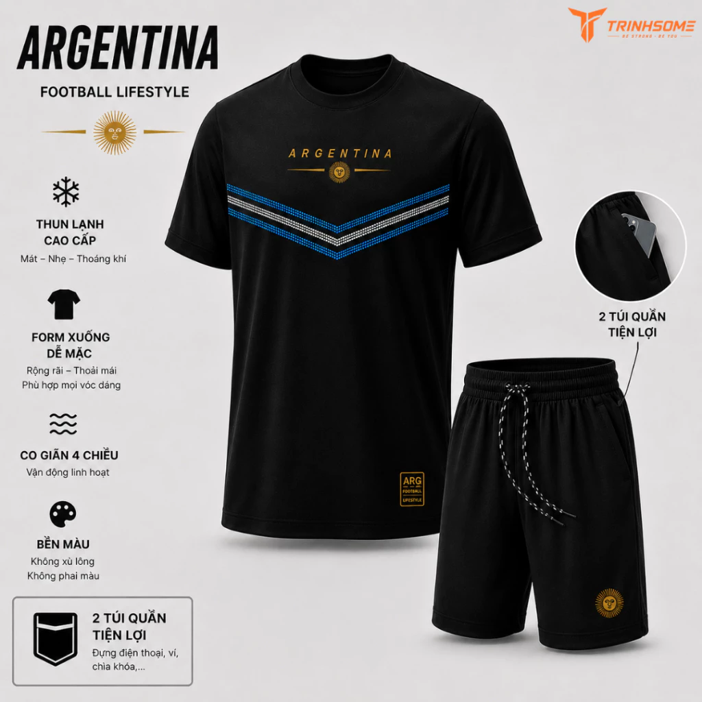 Bộ Quần Áo Thể Thao ARGENTINA - Thiết Kế Trẻ Trung, Vải Thun Lạnh Bền Bỉ, Phù Hợp Tập Gym, Chạy Bộ, Đá Bóng (40-95kg)