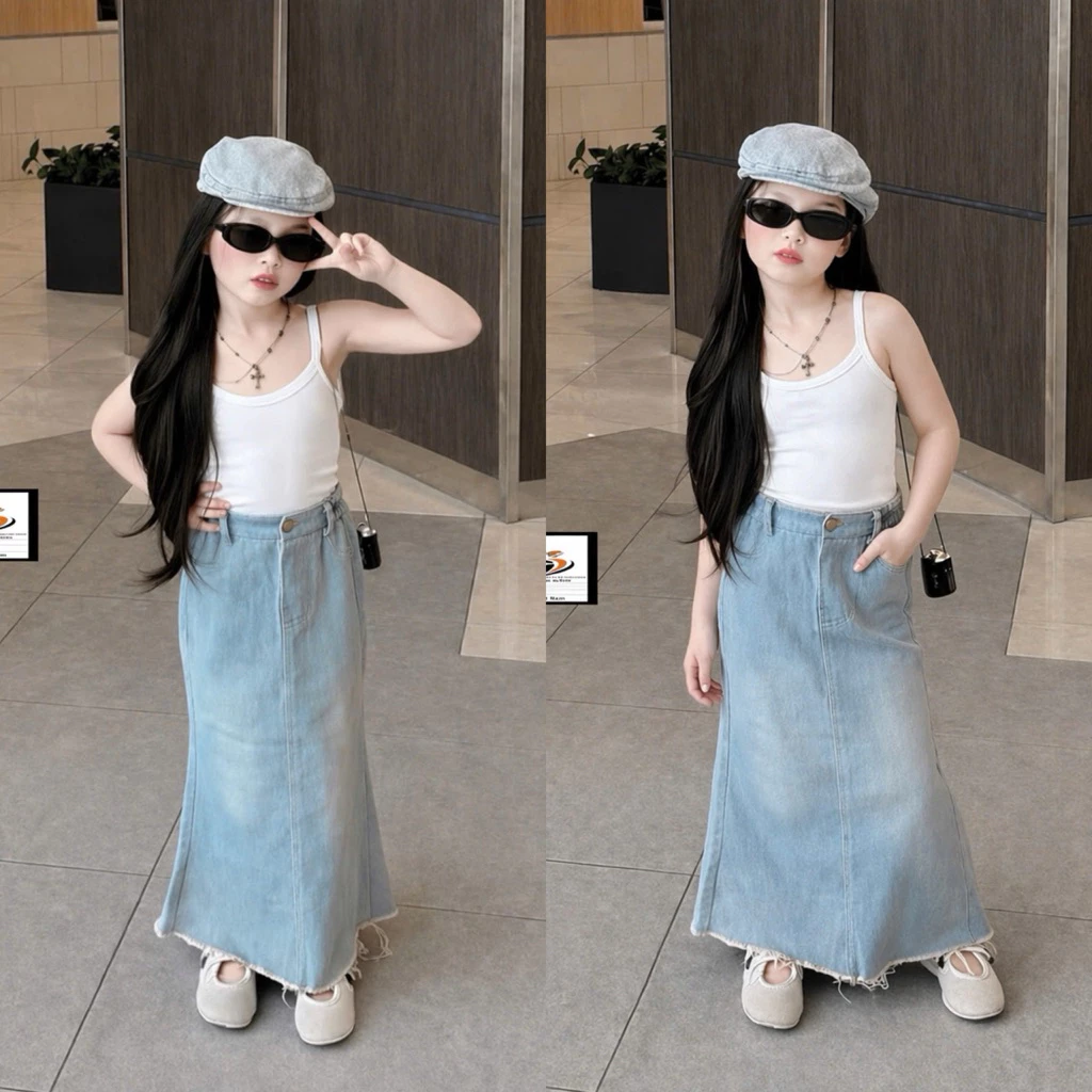set chân váy jean dáng dài xẻ tà sau cho bé (11-32kg)