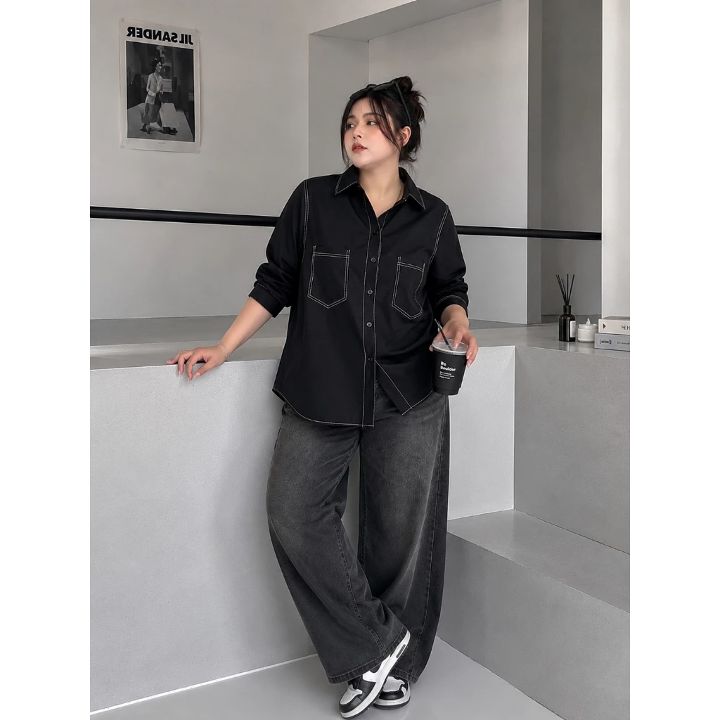 Áo sơ mi nữ bigsize ulzzang chỉ nổi form rộng 10 màu size 50-100kg mặc hằng ngày