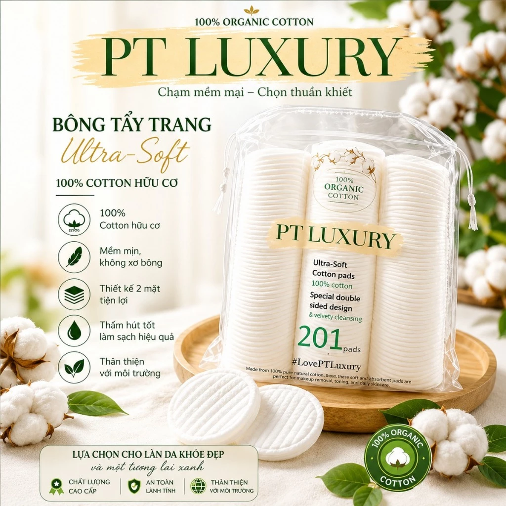 [ HỎA TỐC ] Bông Tẩy Trang 201 Miếng PTLUXURY Cotton Bông Tự Nhiên, Mềm Mịn Thấm Hút Tốt An Toàn Làm Sạch Da