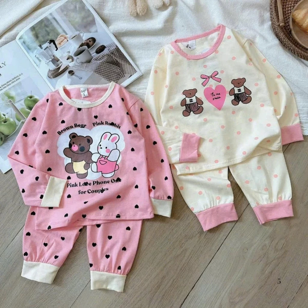 [8-18kg] Set bộ áo dài quần dài bé gái hoạ tiết TRÁI TIM GẤU chất liệu cotton co giãn vô cùng xinh xắn mã RAB-BIT DÀI