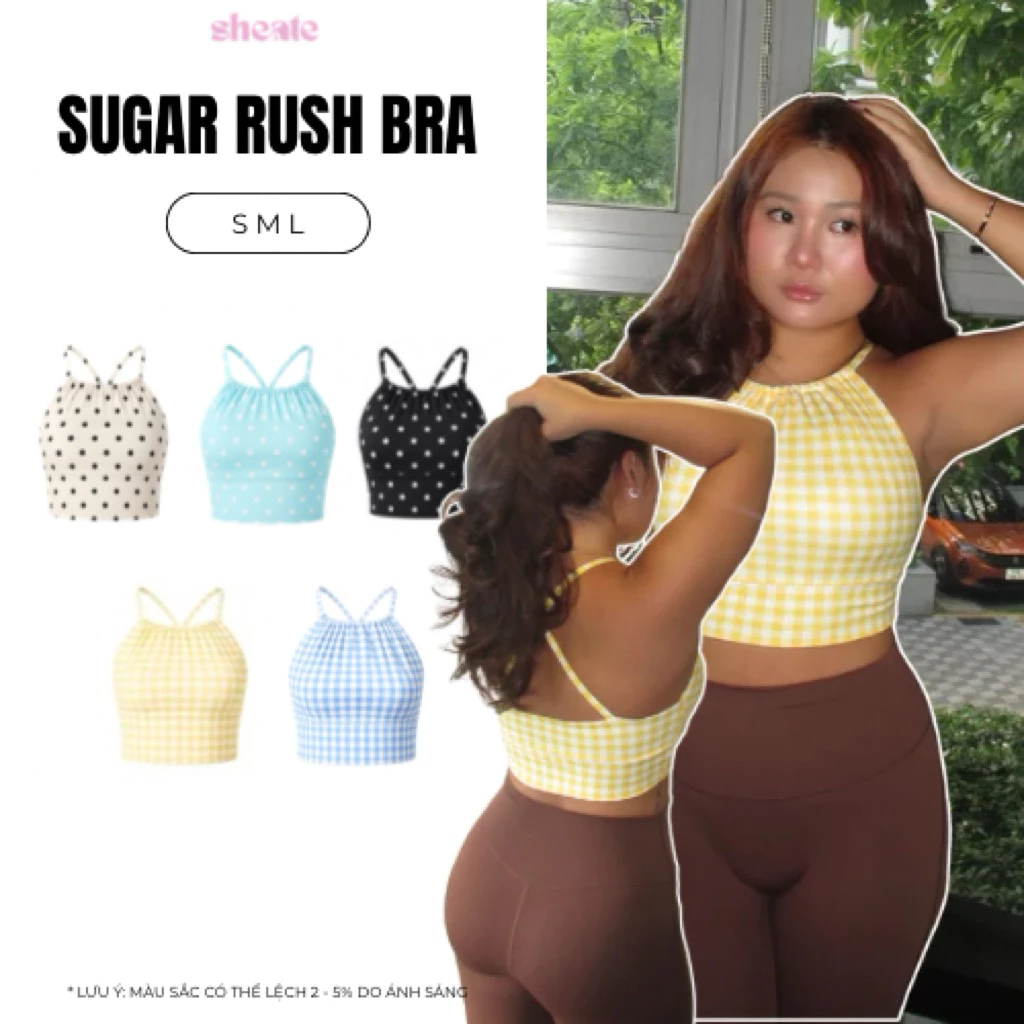 SUGAR RUSH BRA | Áo Bra Thể Thao Nữ Dây Chéo Lưng Kẻ Caro Chấm Bi - Áo Tập Cổ Yếm Có Đệm Ngực