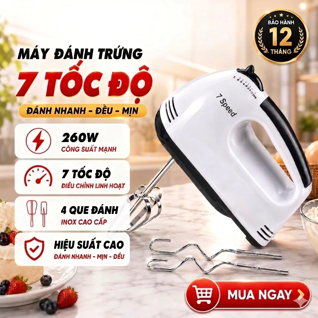 Máy Đánh Trứng - Máy Đánh Trứng Cầm Tay - Trộn Bột - Trộn Kem, Sữa, Cafe - Công Suất Cao