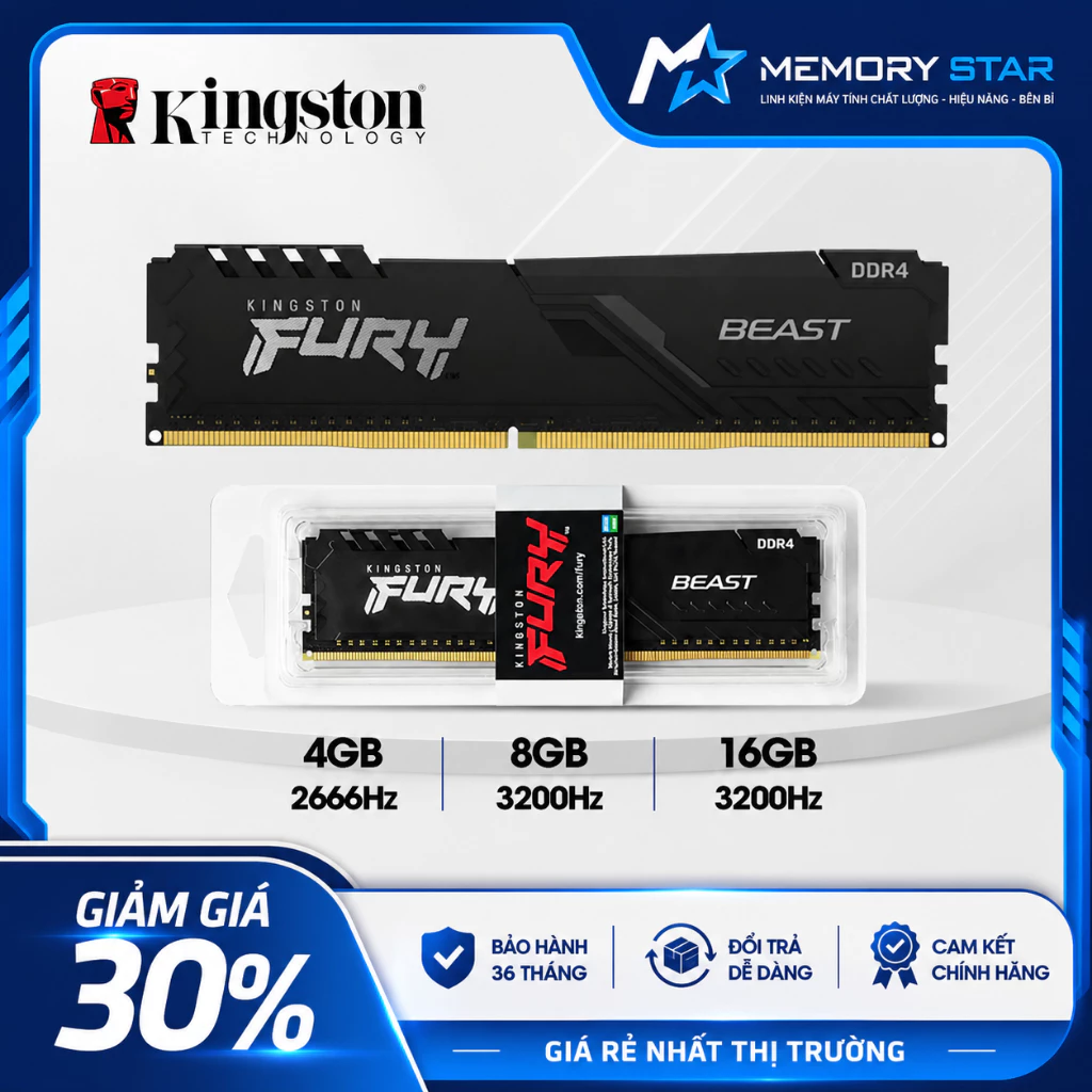 [Chính Hãng] - RAM PC 8GB/16GB DDR4 bus 2400/2666/3200Hz Kingston Fury Beast - Hàng mới chính hãng - BH 36 tháng