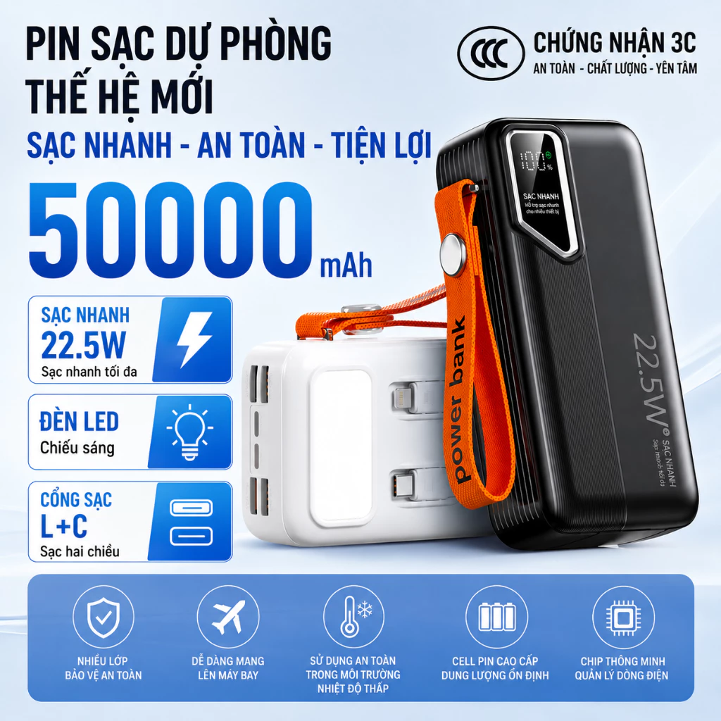 Sạc dự phòng 20000mah 30000mah công suất nhanh 100w dung lượng pin lớn có sẵn dây cho điện thoại