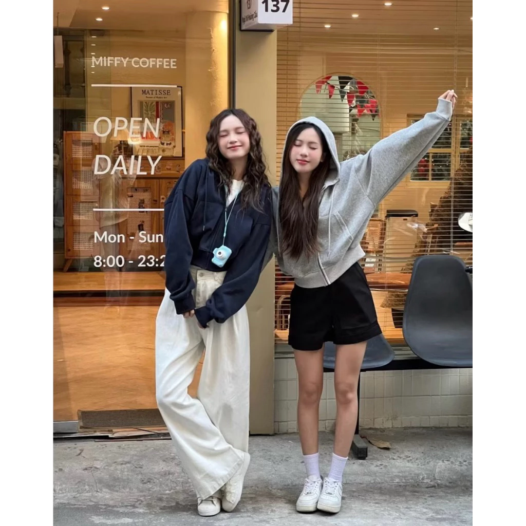 Áo khoác nỉ croptop mũ siêu to, Áo hoodie zip dày dặn dáng rộng siêu xinh
