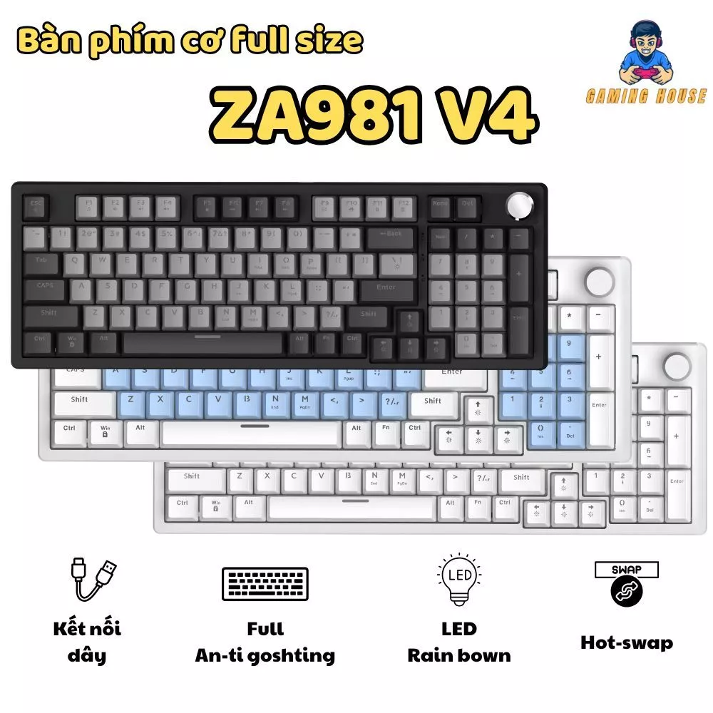 Bàn phím cơ Gaming ZA981 V4 - Núm kim loại - Full Anti-ghosting - Led RainBown - Red swtich