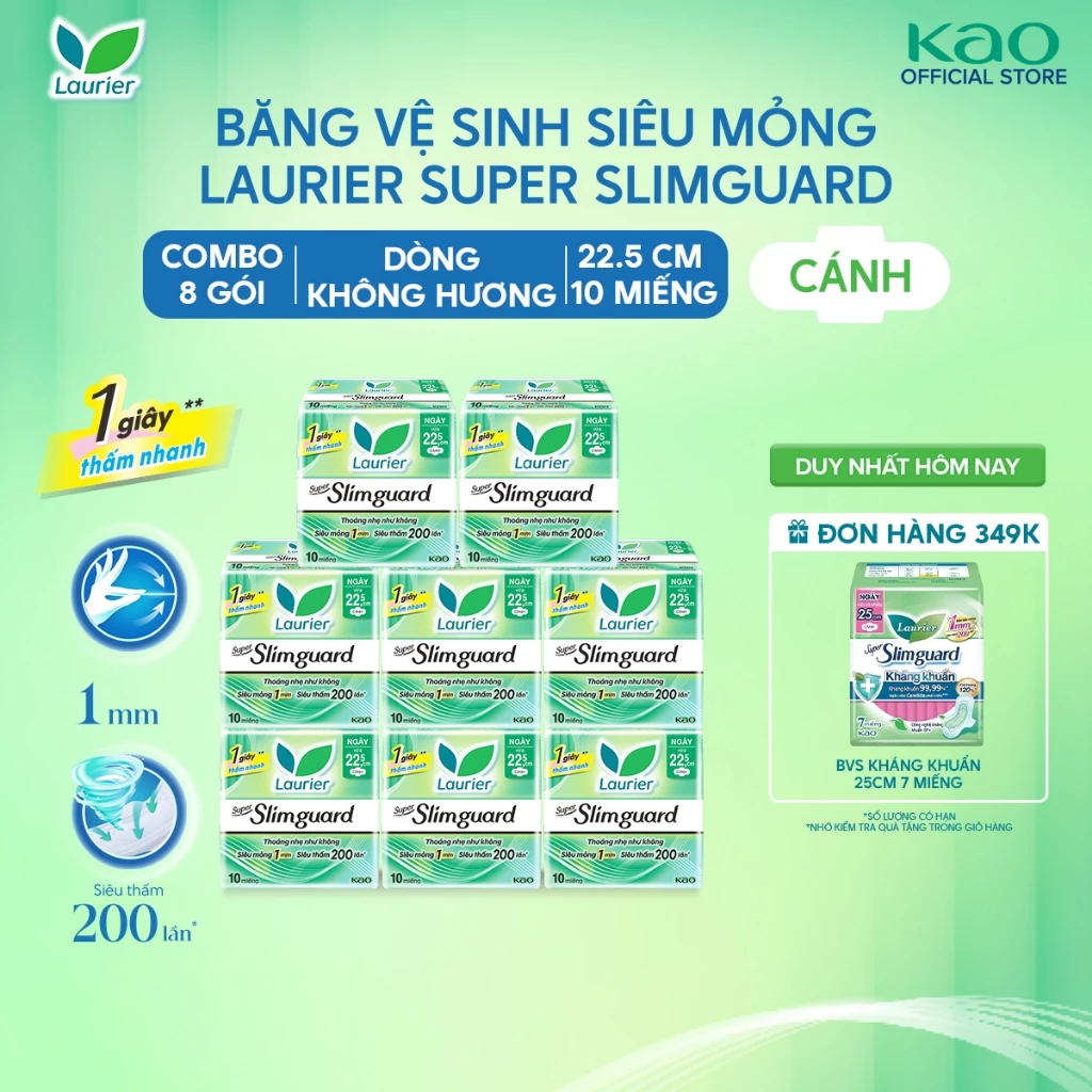 (Combo Tiết Kiệm) Combo 8 Băng Vệ Sinh Laurier Siêu Mỏng 1mm Bảo Vệ 22.5cm 10 miếng
