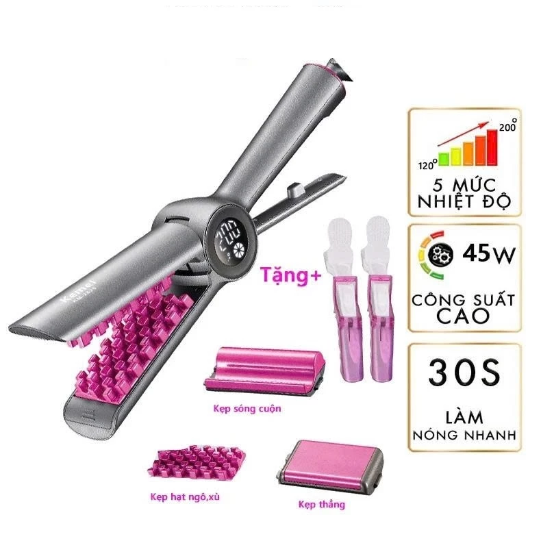 Máy dập phồng chân vuông, duỗi tóc ,Uốn Hippe 3 IN 1 cao cấp hiển thị LCD Kemei Km-2835,