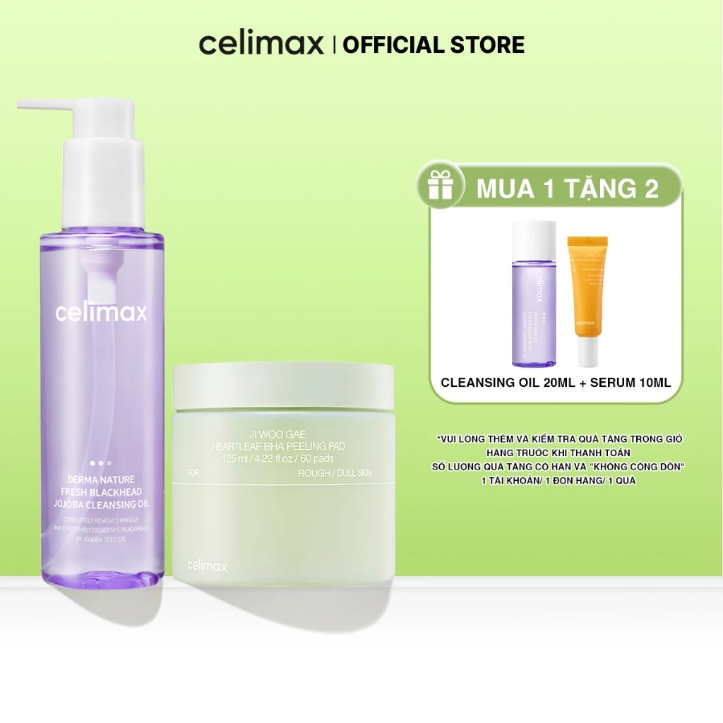 [COMBO HỜI] [150ml + 60 Pads] Dầu Tẩy Trang Celimax Jojoba + Toner Pad Tẩy Tế Bào Chết Celimax Heartleaf BHA