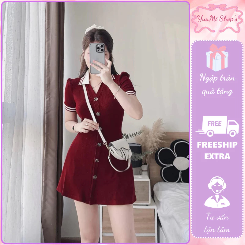 Váy ngắn cổ polo phối màu cá tính thêu chữ ngực tùng xòe nhẹ ôm eo outfit năng động ulzzang HCOM25842