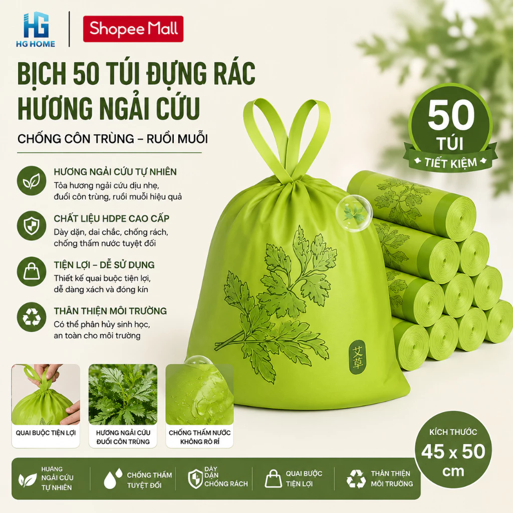 Bịch 50 Túi Đựng Rác Hương Ngải Cứu Chống Côn Trùng Ruồi Muỗi - HGHOME