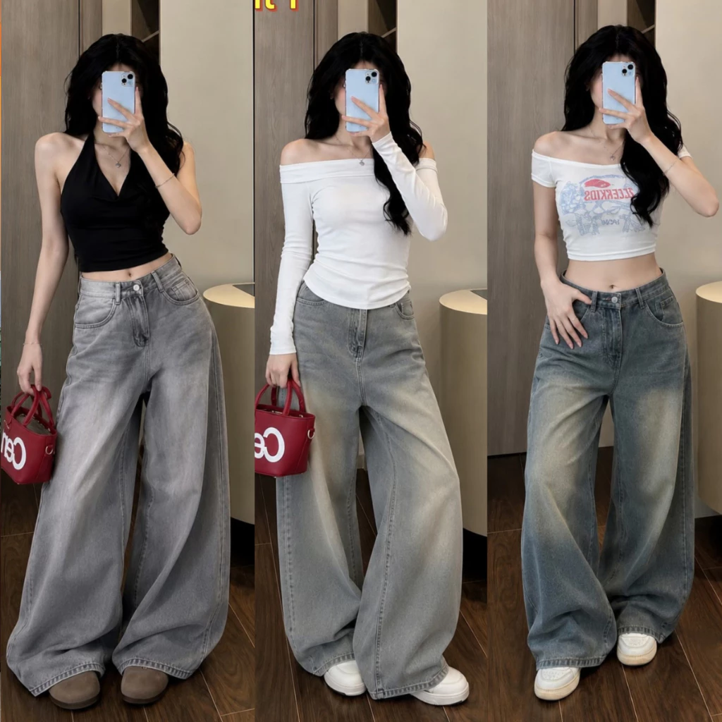 Quần Jean Nữ MIAA ống Suông Rộng Màu đen xám Lưng Cao Dáng Suông Chất Jean Trắng mềm CẠP CAO bigsize