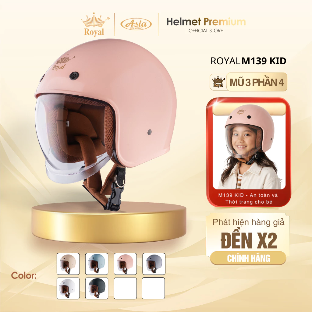 Mũ Bảo Hiểm Trẻ Em 3/4 Royal M139 KID Kính Âm, Nón Bảo Hiểm Chống Nắng An Toàn, Bảo hành 12 Tháng