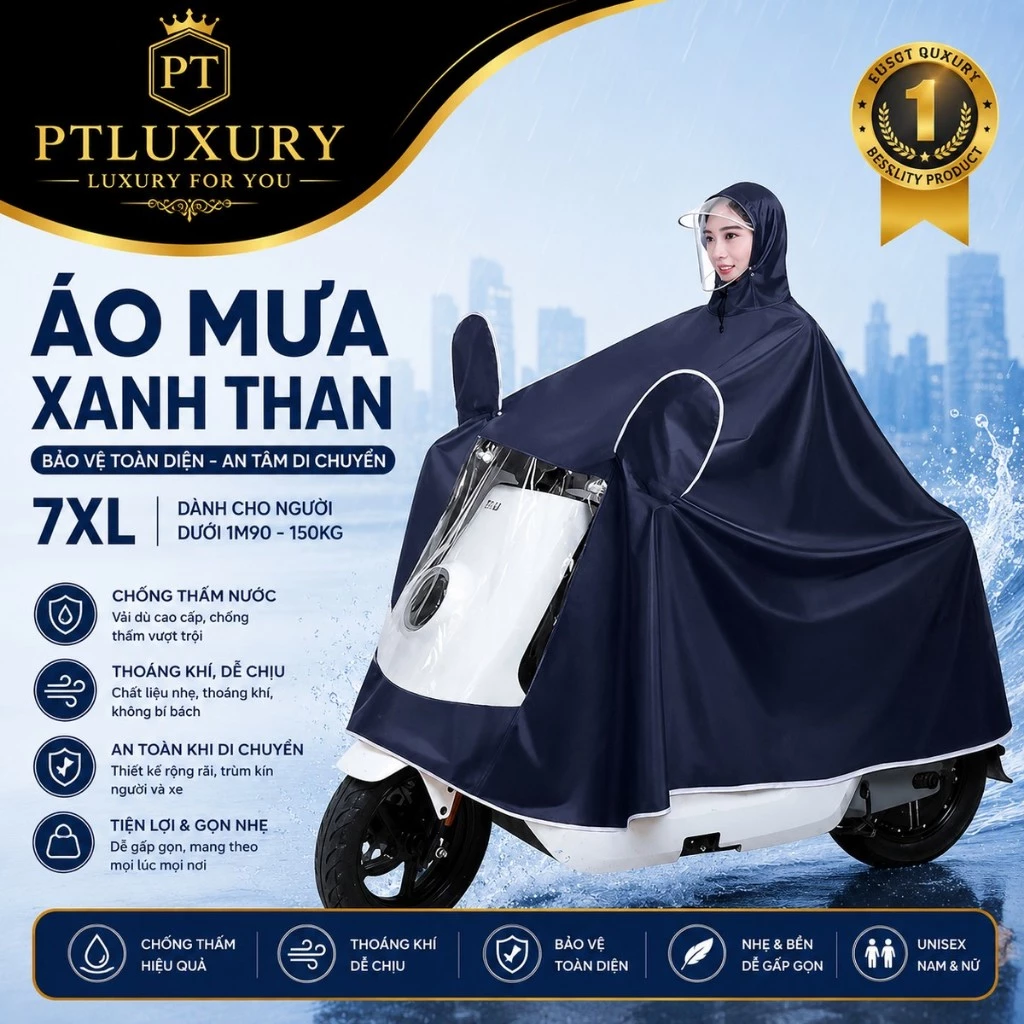 [ HỎA TỐC HCM ] Áo mưa đi xe máy PTLUXURY che phủ toàn thân kèm kính chắn mưa tiện lợi