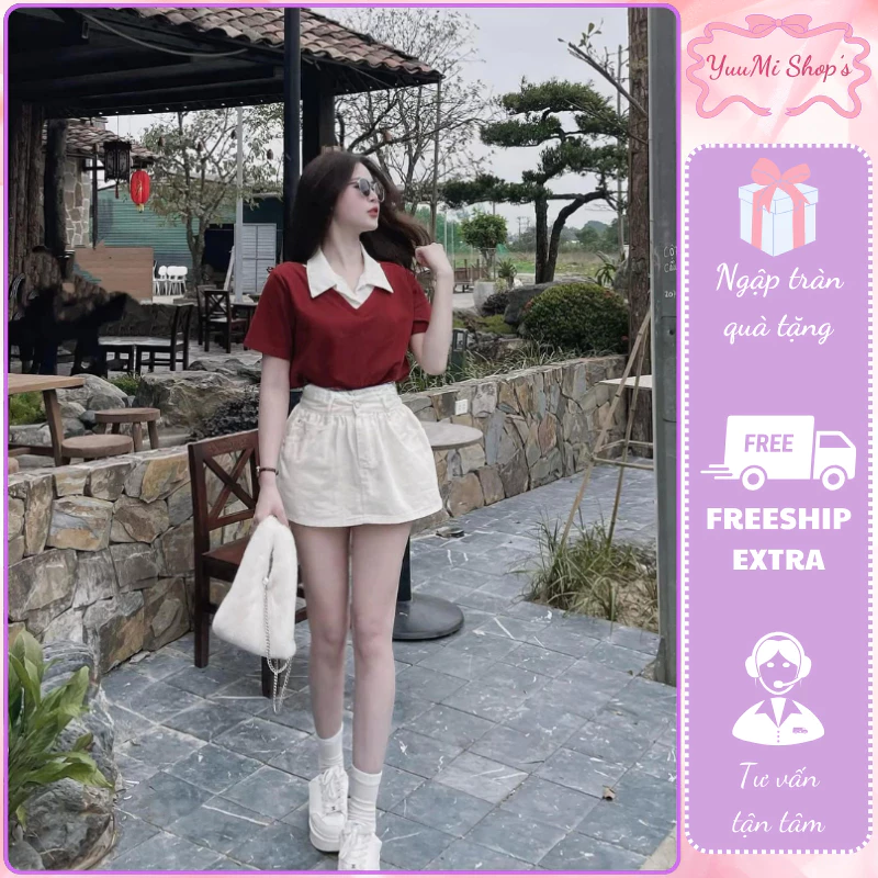 Đồ bộ nữ áo phông trơn đỏ cổ đức phối màu mix chân váy ngắn có túi sau, set đồ nữ trẻ trung năng động Yuumi HCOM25200