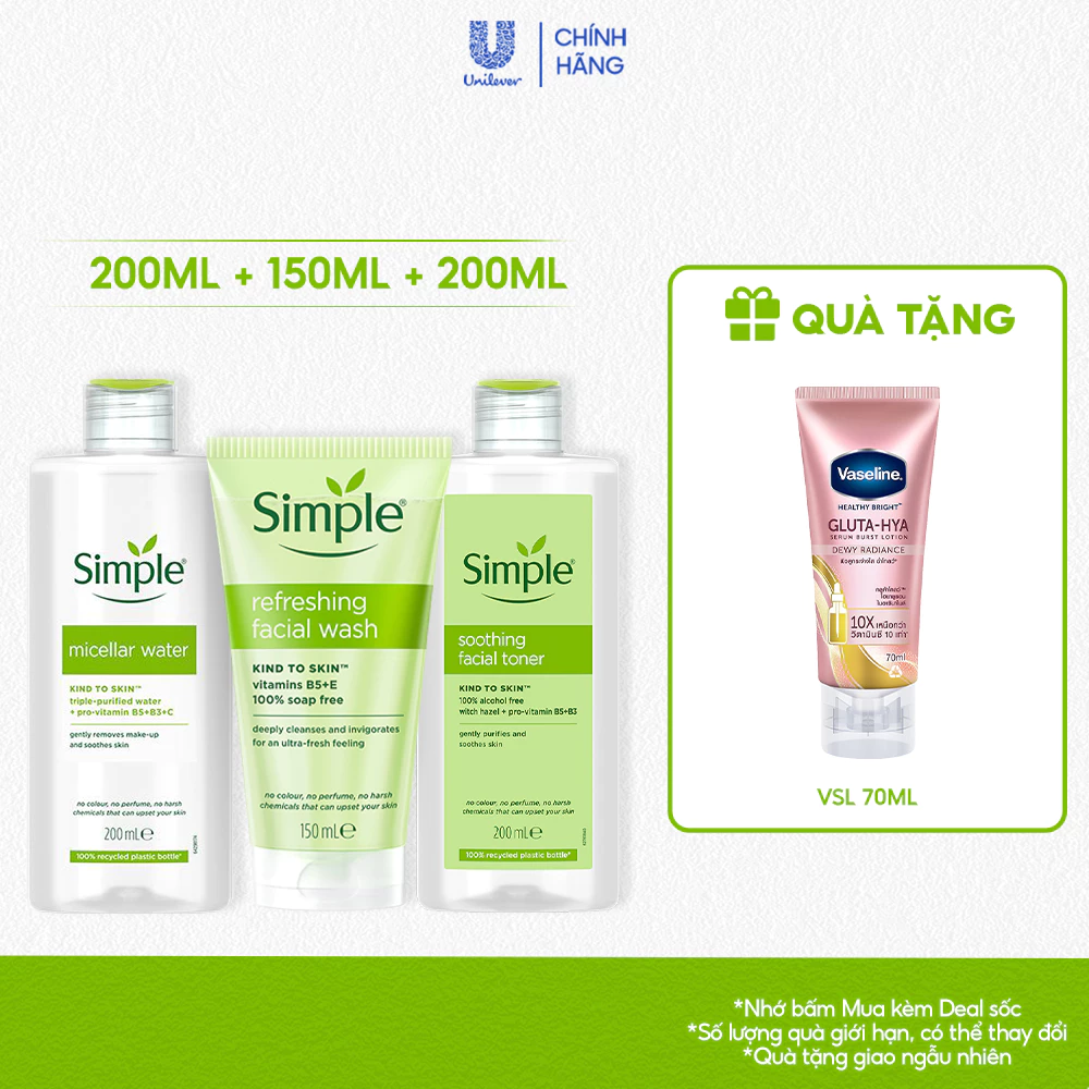 [LIVE] Combo 3 bước dưỡng Simple Nước tẩy trang 200ml + Sữa rửa mặt 150ml + Nước hoa hồng 200ml