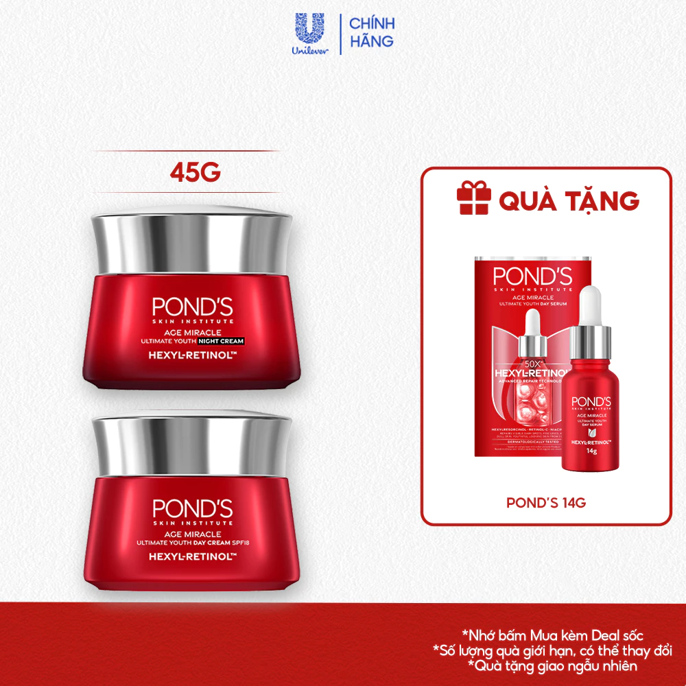 [LIVE] Bộ Kem dưỡng ngày đêm Pond's Age Miracle giúp giảm nếp nhăn, Pond's Bright Miracle giúp mờ thâm sạm 45G+45G