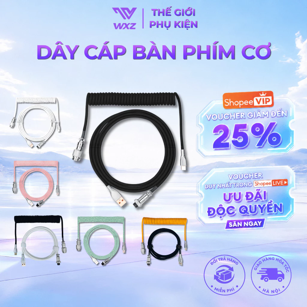 Dây Cáp Bàn Phím Cơ Xoắn Lò Xo Hỗ Trợ 8K Polling Rate, USB A to Type-C, Dây Dù Poly, Trục GX-12