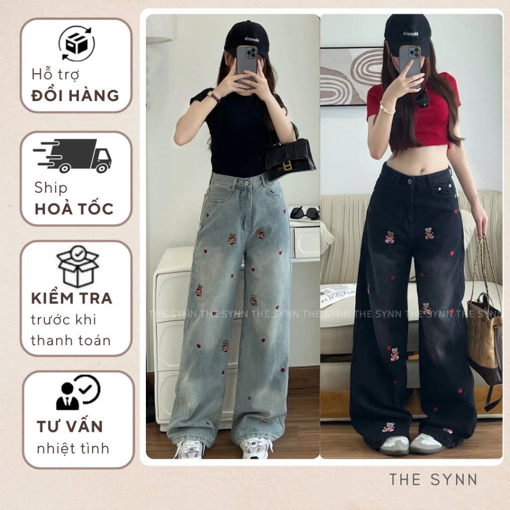 Q08 - (S-XL 101-105cm) - Quần Jeans Nữ Ống Suông Phối Thêu Gấu Tim