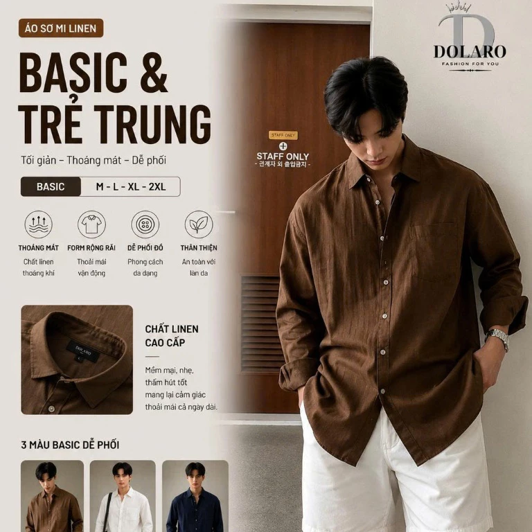 Áo sơ mi nam tay dài DOLARO chất linen cao cấp, áo tay dài form rộng màu nâu hottrend 2026