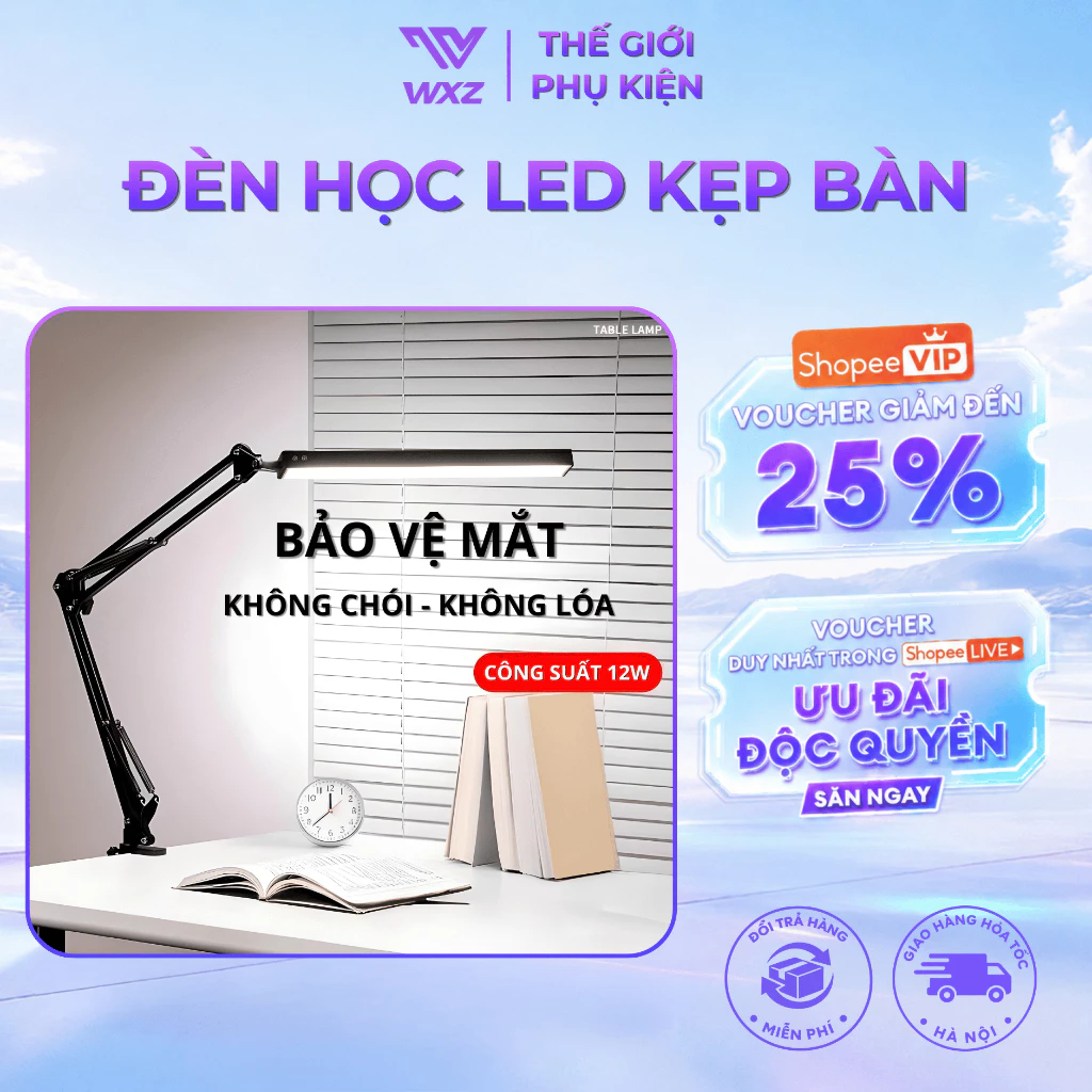 Đèn Học LED Kẹp Bàn 3 Chế Độ Ánh Sáng, Chống Cận Bảo Vệ Mắt, Điều Chỉnh Linh Hoạt, Ánh Sáng Tự Nhiên