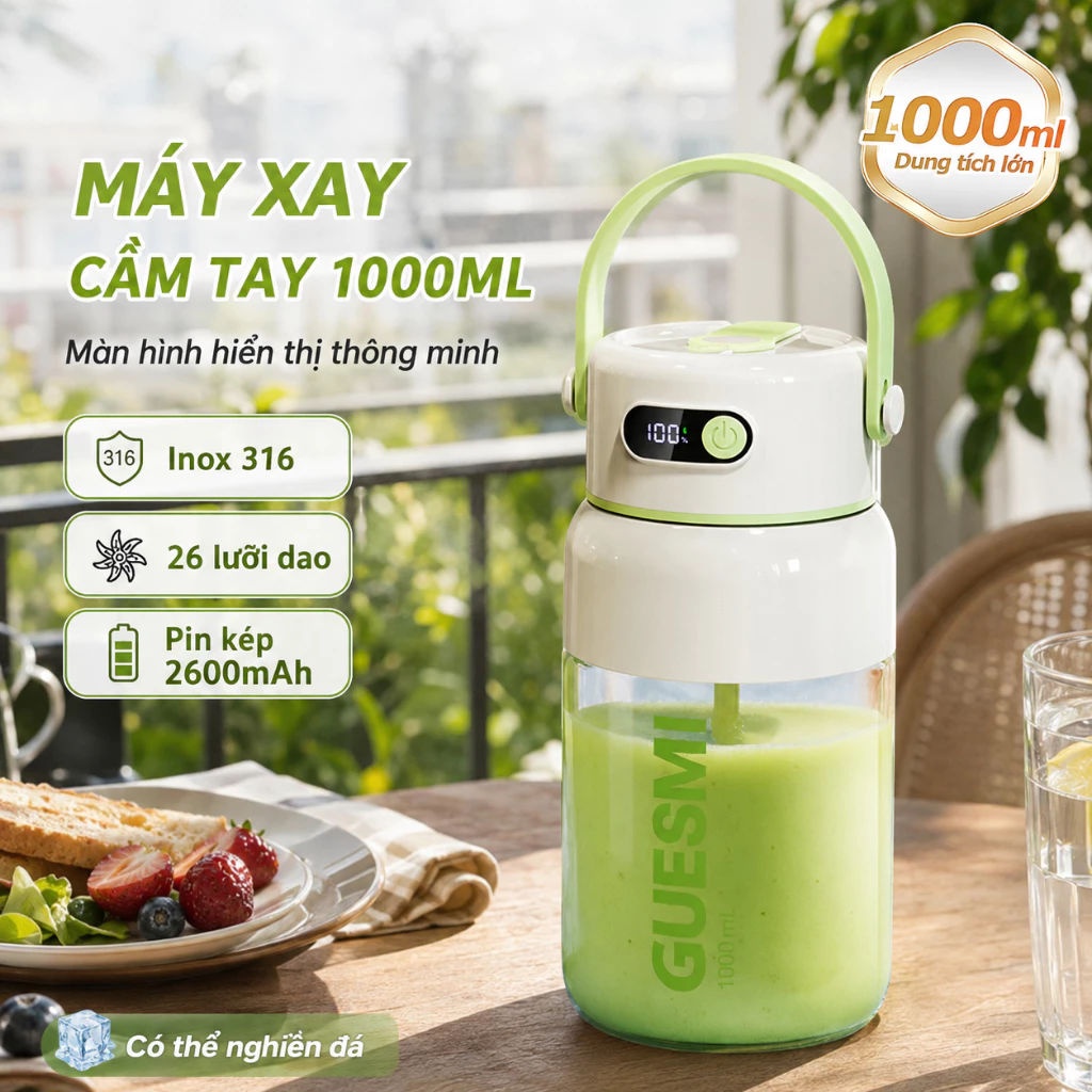 Máy Xay Sinh Tố Mini Cầm Tay Thủy Tinh 700/1000ml  26 Lưỡi Inox 316  Pin 2600mAh  2 Nắp